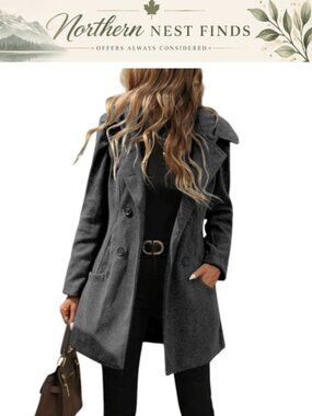 Wool Blend Double Breasted Hooded Pea Coat Winter Trench